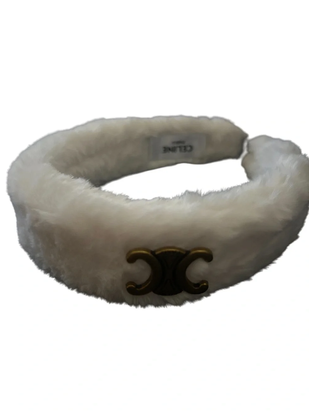 Cream Faux Fur Headband with Gold Double Motif